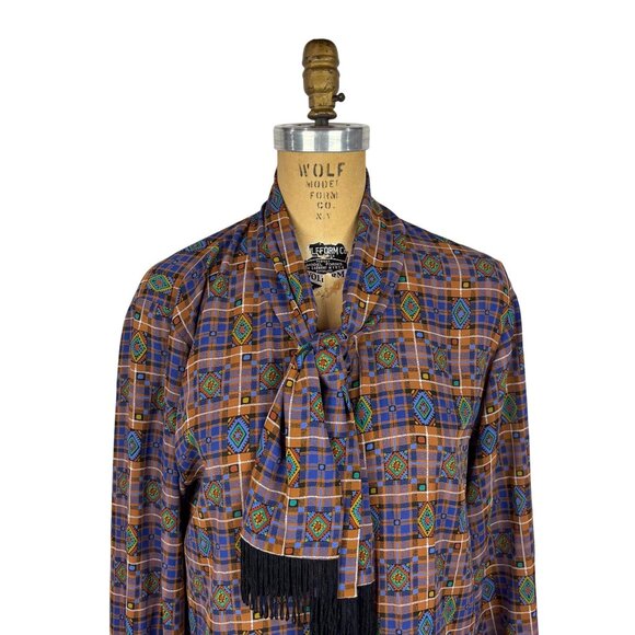 Vintage 80s Southwestern Top Womens M Blue Brown Fringe Necktie Blouse - Picture 3 of 10